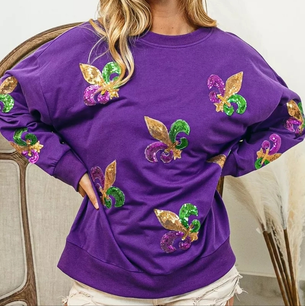 BiBi Purple Sequin Fleur-de-Lis Sweatshirt